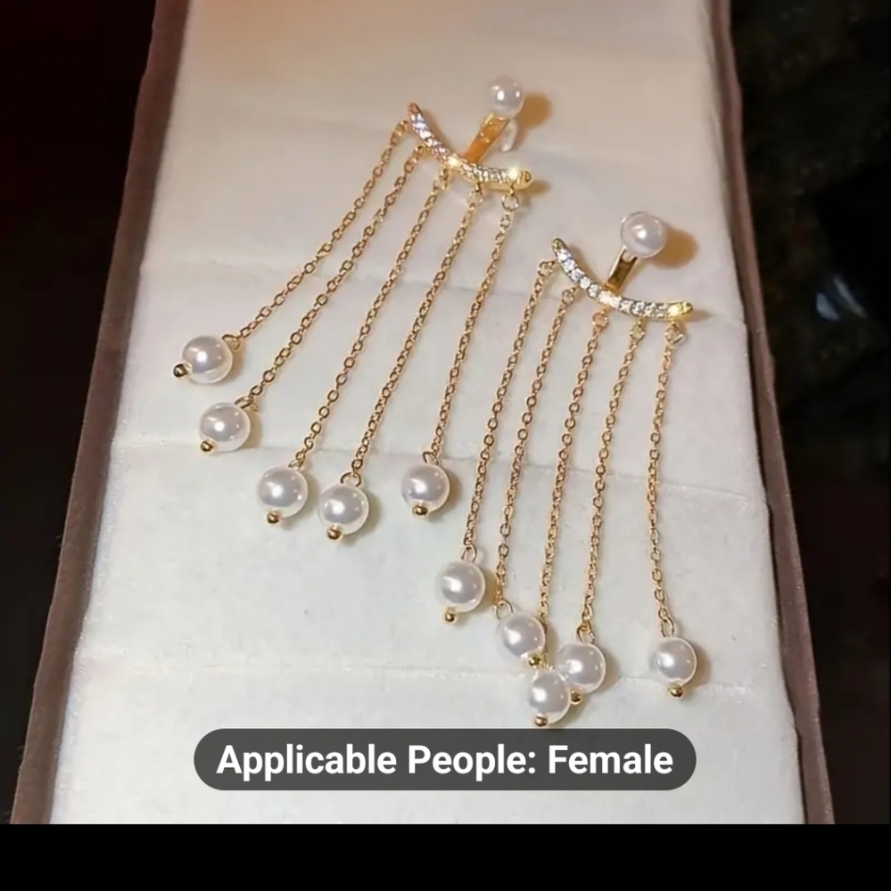 NEW FAUX PEARL TASSEL DANGLE EARRINGS - Picture 3 of 8